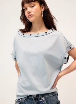 Large eyelets off-the-shoulder T-shirt
