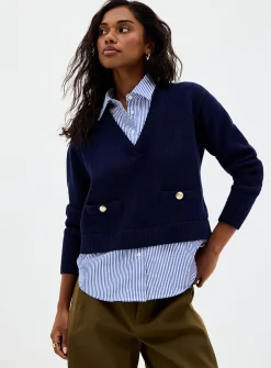 Layered effect striped poplin sweater