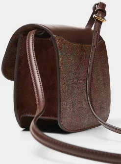 Leather and paisley canvas crossbody bag