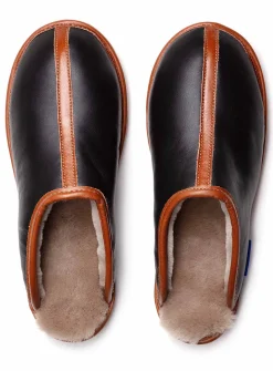 Leather and reversed sheepskin mule slippers