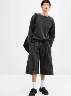 Leopard denim loose pull-on Bermudas