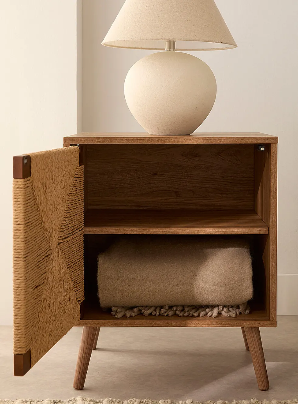 Light walnut finish woven door accent table