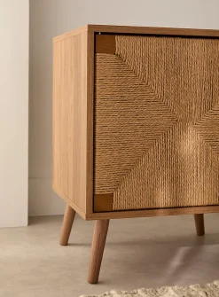 Light walnut finish woven door accent table