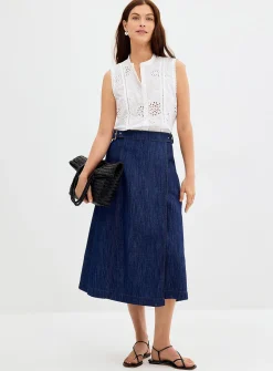 Lightweight denim wrap midi skirt