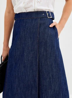 Lightweight denim wrap midi skirt