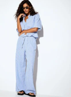 Linen blend elastic-waistband wide-leg pant