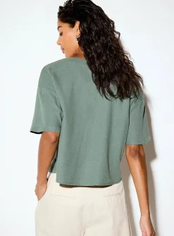 Linen blend V-neck boxy-fit blouse