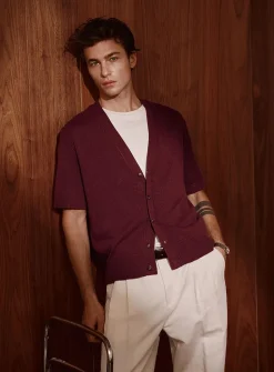 Linen knit short-sleeve cardigan
