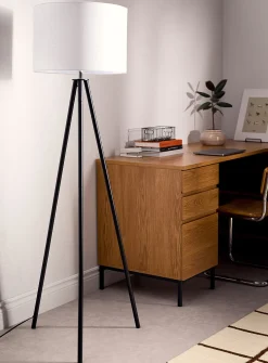 Linen lampshade metal tripod lamp