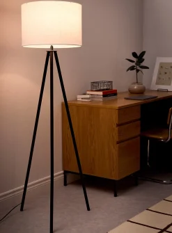 Linen lampshade metal tripod lamp