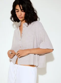 Linen-blend loose cropped shirt