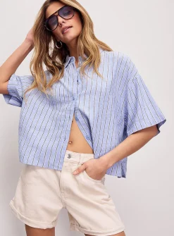 Linen-blend loose cropped shirt