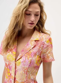 Linen-blend notched collar shirtdress