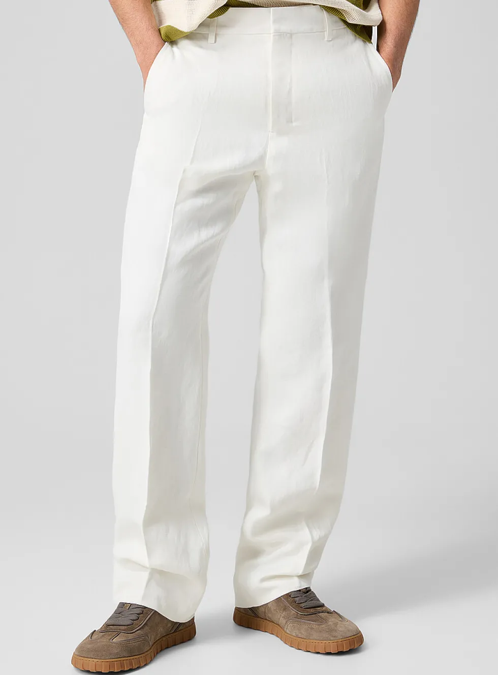 Linen-blend pleated straight-leg jean