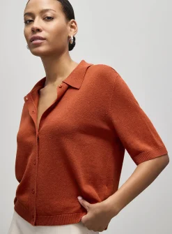 Linen-blend polo-collar cardigan