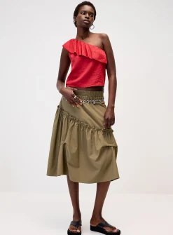 Linen-blend ruffled single-shoulder cami