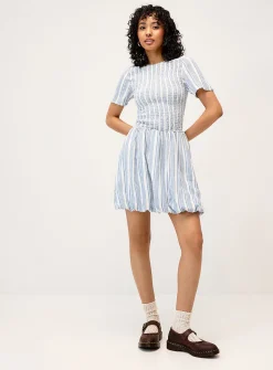Linen-blend smocked balloon dress