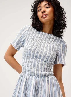 Linen-blend smocked balloon dress
