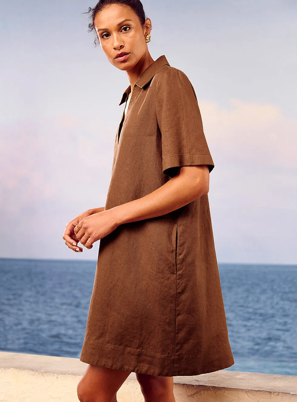 Loose pure linen Johnny collar dress