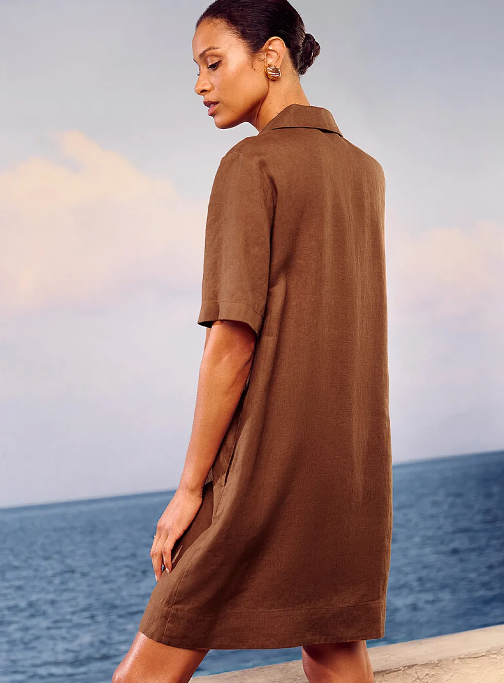 Loose pure linen Johnny collar dress