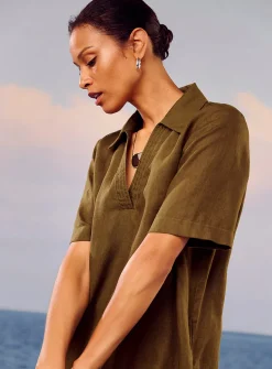 Loose pure linen Johnny collar dress