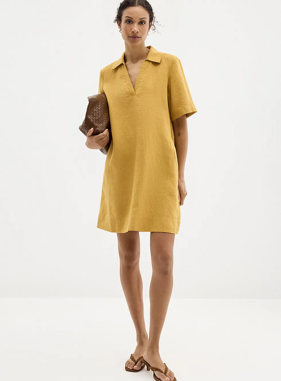 Loose pure linen Johnny collar dress