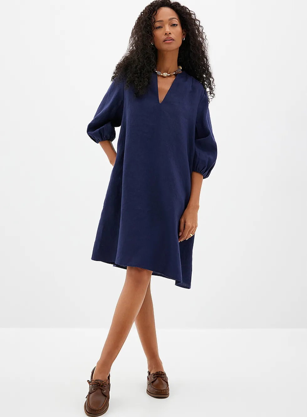 Loose pure linen 3/4-sleeve dress