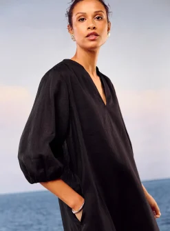 Loose pure linen 3/4-sleeve dress