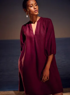Loose pure linen 3/4-sleeve dress