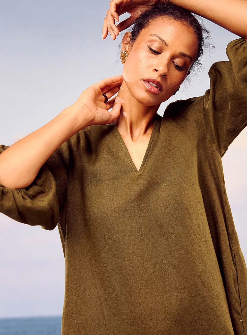 Loose pure linen 3/4-sleeve dress