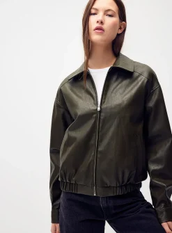 Loose zipped faux-leather jacket