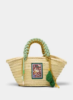 Macrame braided palm leaf basket mini-bag