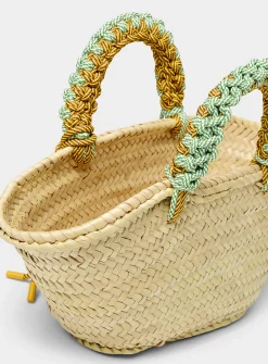 Macrame braided palm leaf basket mini-bag