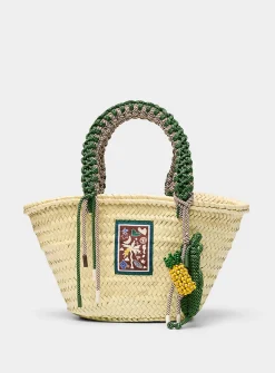 Macrame braided palm leaf basket bag