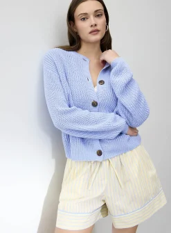 Marbled buttons shaker-rib cardigan