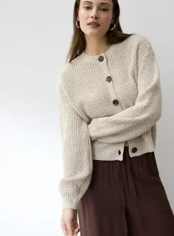 Marbled buttons shaker-rib cardigan