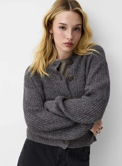 Marbled buttons shaker-rib cardigan