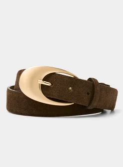 Massive metallic buckle suede belt