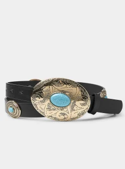 Medallion and turquoise-stone faux-leather belt