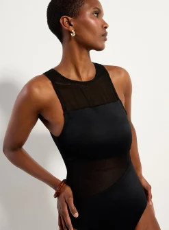 Mesh accent scoop-neck one-piece