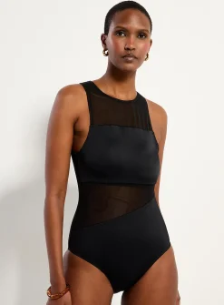 Mesh accent scoop-neck one-piece