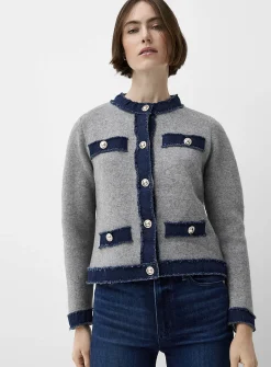 Metal-button denim-trim cardigan