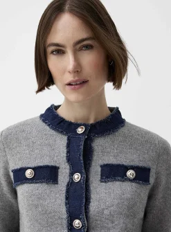 Metal-button denim-trim cardigan
