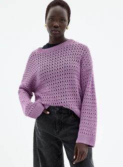 Metallic-accent openwork sweater