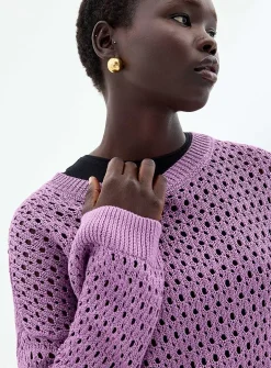 Metallic-accent openwork sweater