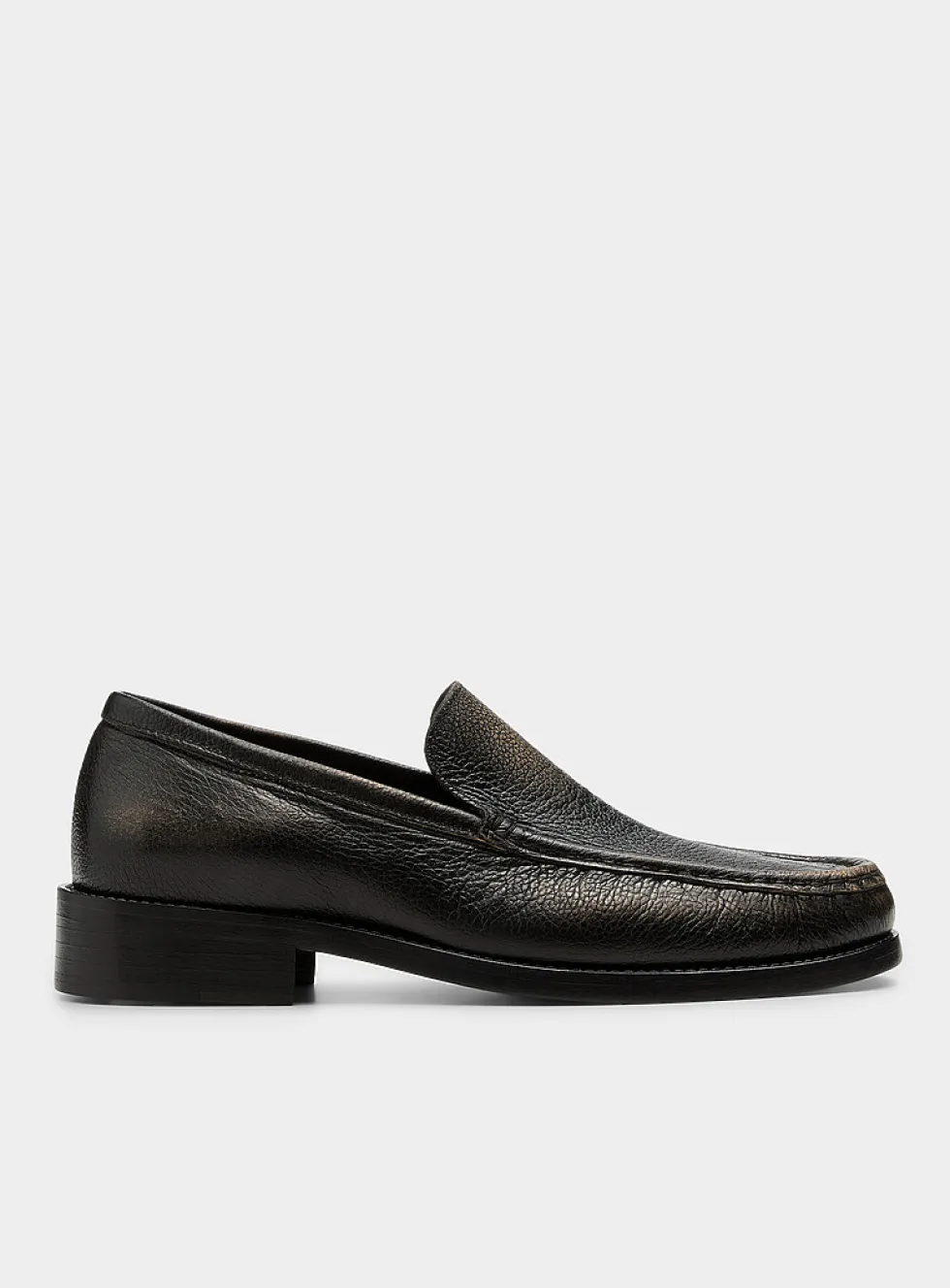 Metallized letter distressed leather loafers