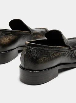 Metallized letter distressed leather loafers