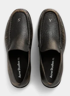 Metallized letter distressed leather loafers