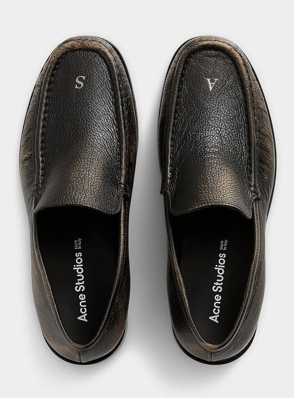 Metallized letter distressed leather loafers
