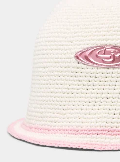 Metallized logo crocheted knit bucket hat